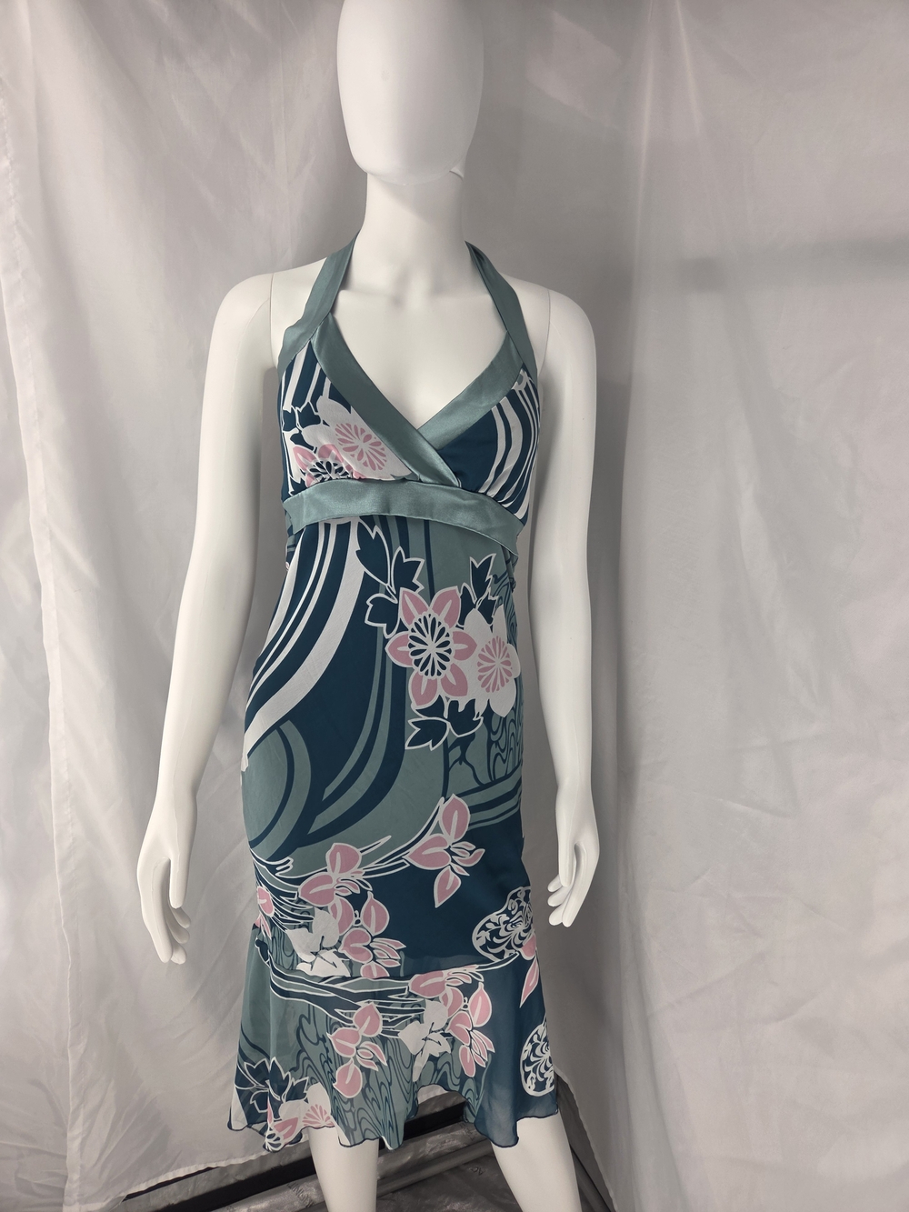 VTG Y2K Charlotte Russe Floral Halter Midi Dress Handkerchief Hem Teal Pink S